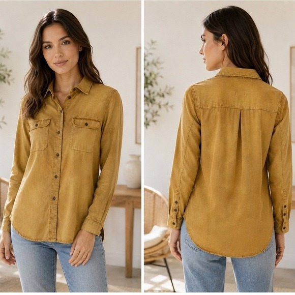 Madewell Tops - Madewell Small Camel Garment Dyed Cotton Utility Button Shirt High Low Hem